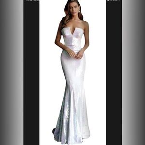 Jovani Strapless Iridescent White Gown